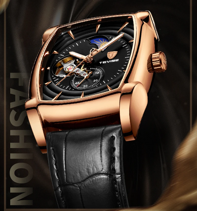 Tevise кожаные часы Автоматические Мужские автоматические часы мужские механические часы с фазой Луны Наручные часы Montre Automatique Homme T802