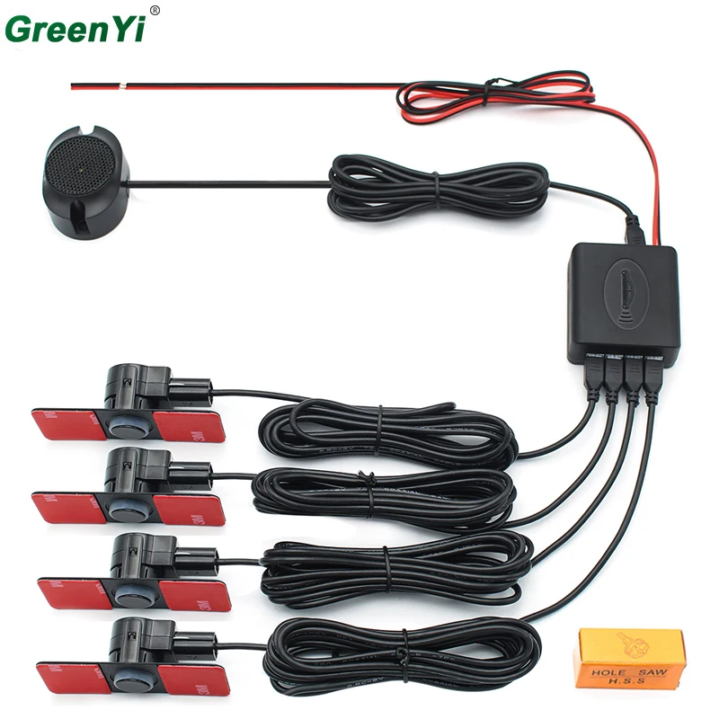 Car Parking Sensors Parktronics 4 Black/Silver/White 13mm Flat Sensors Reverse Backup Radar Sound Buzzer Alarm Adjustable Sound