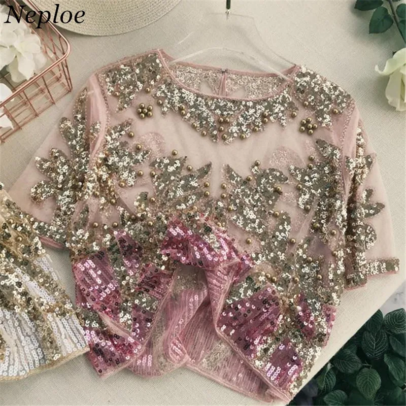 

Neploe 2019 Gauze Sequined Patchwork Women Tops O-Neck Short Sleeve Bling Beading Blouse New Summer See-through Blusas 67731