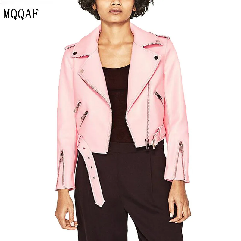 leather jacket Women Slim White Pink European New Fashion Multiple Zippers Belt Leather Coats Ladies PU Biker Woman jackets 2018 | Женская