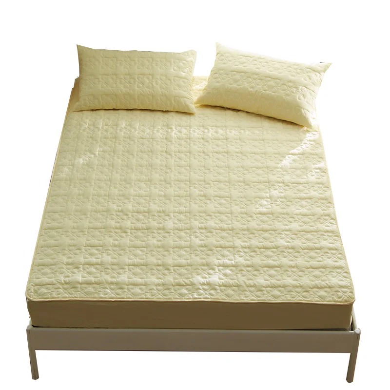 

Simple Yellow Solid Color 3pcs Waterproof Quilted Mattress Protectors By Sheets Flat Fitted Sheet + Pillowcase Fitted Sheet Set