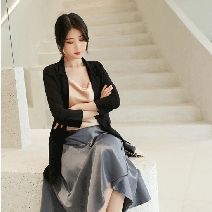 2019 Autumn New Female Blazer Korean Casual Solid Color Elegant Temperament Thin Chiffon Coat Women Three Quarter Cardigan 90s