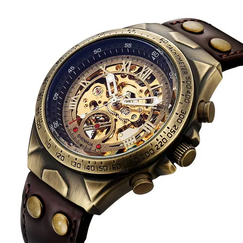Механические часы, мужские автоматические часы, мужские часы со скелетом, бронзовая кожа, стимпанк, прозрачные винтажные спортивные наручные часы для мужчин - Цвет: SHEN401 brown