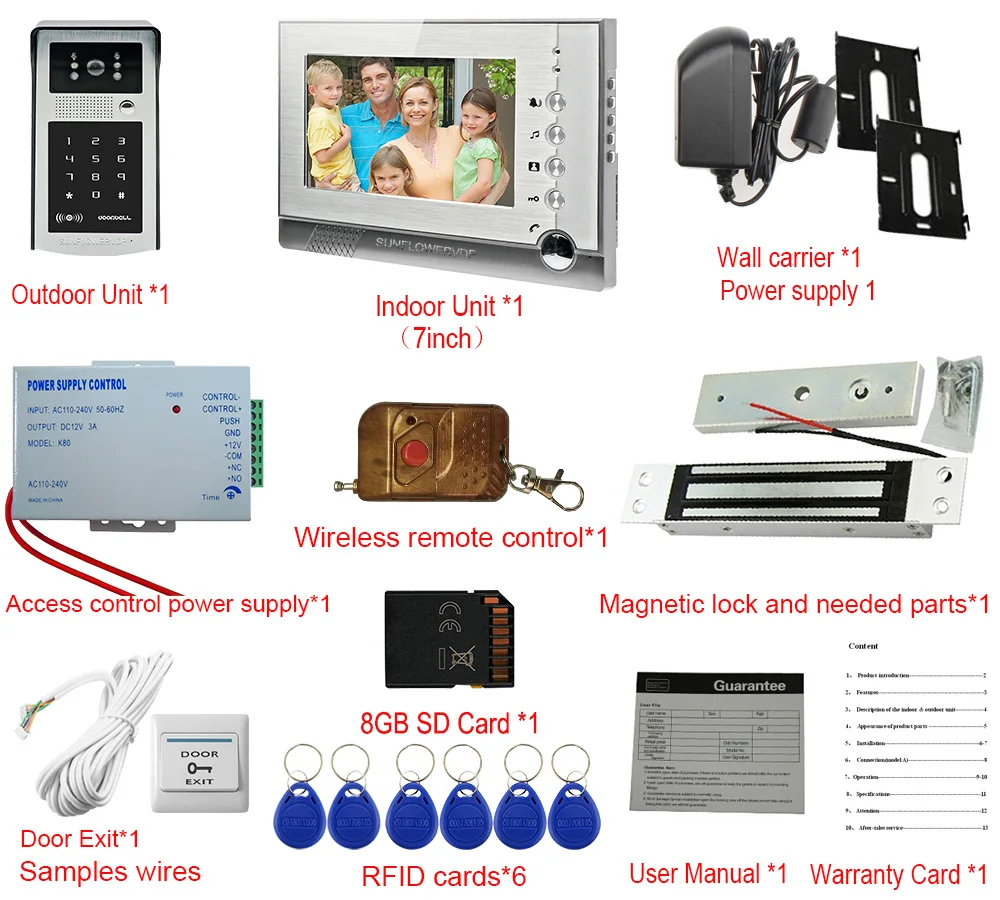 Домофон с магнитным дверным замком 7 "TFT монитор домофон ключ + 8 Гб Rfid/пароль разблокировка дверной телефон система IP55 водостойкий