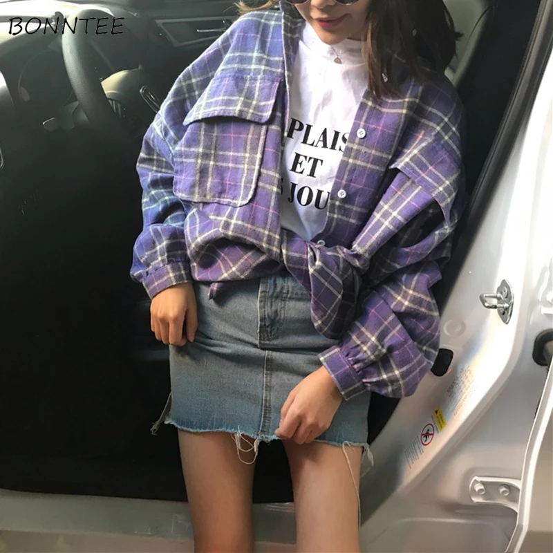 

Shirts Women Pockets Buttons Turn-down Collar Plaid Retro All-match Korean Style Leisure Daily Shirt Womens Soft Clothing Chic