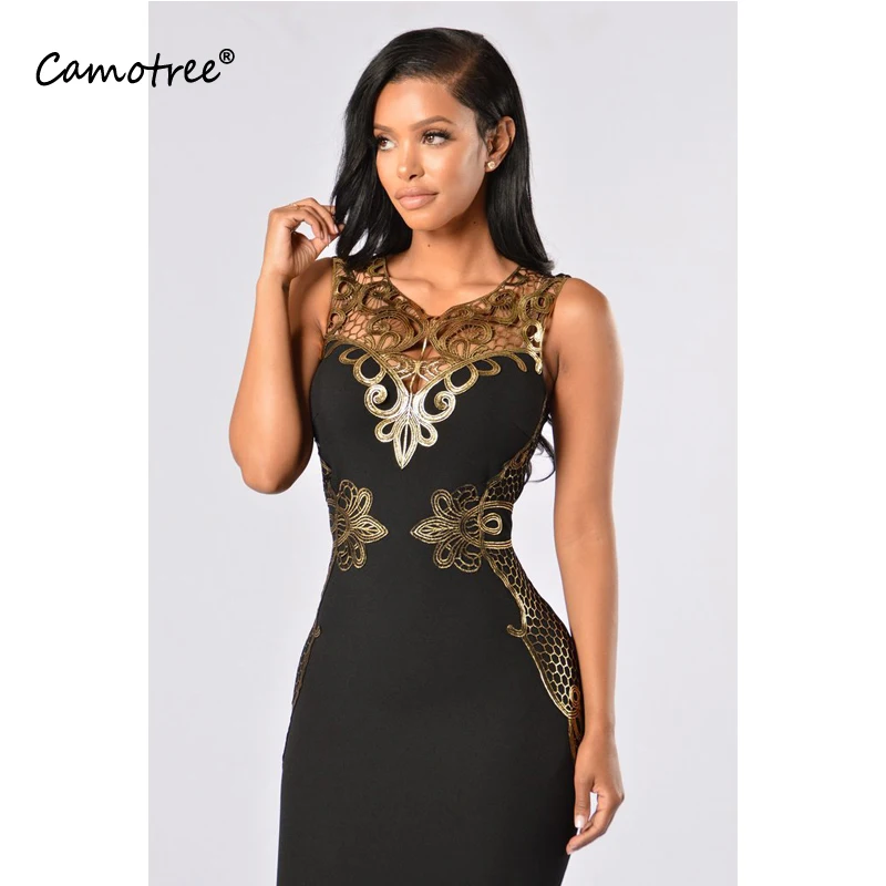 Black and Gold Knee Length Dress
