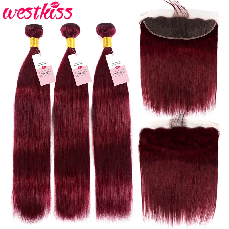 WEST KISS HAIR Red Bundles With Closure Frontal 10 24 Inch 99J/Burgundy