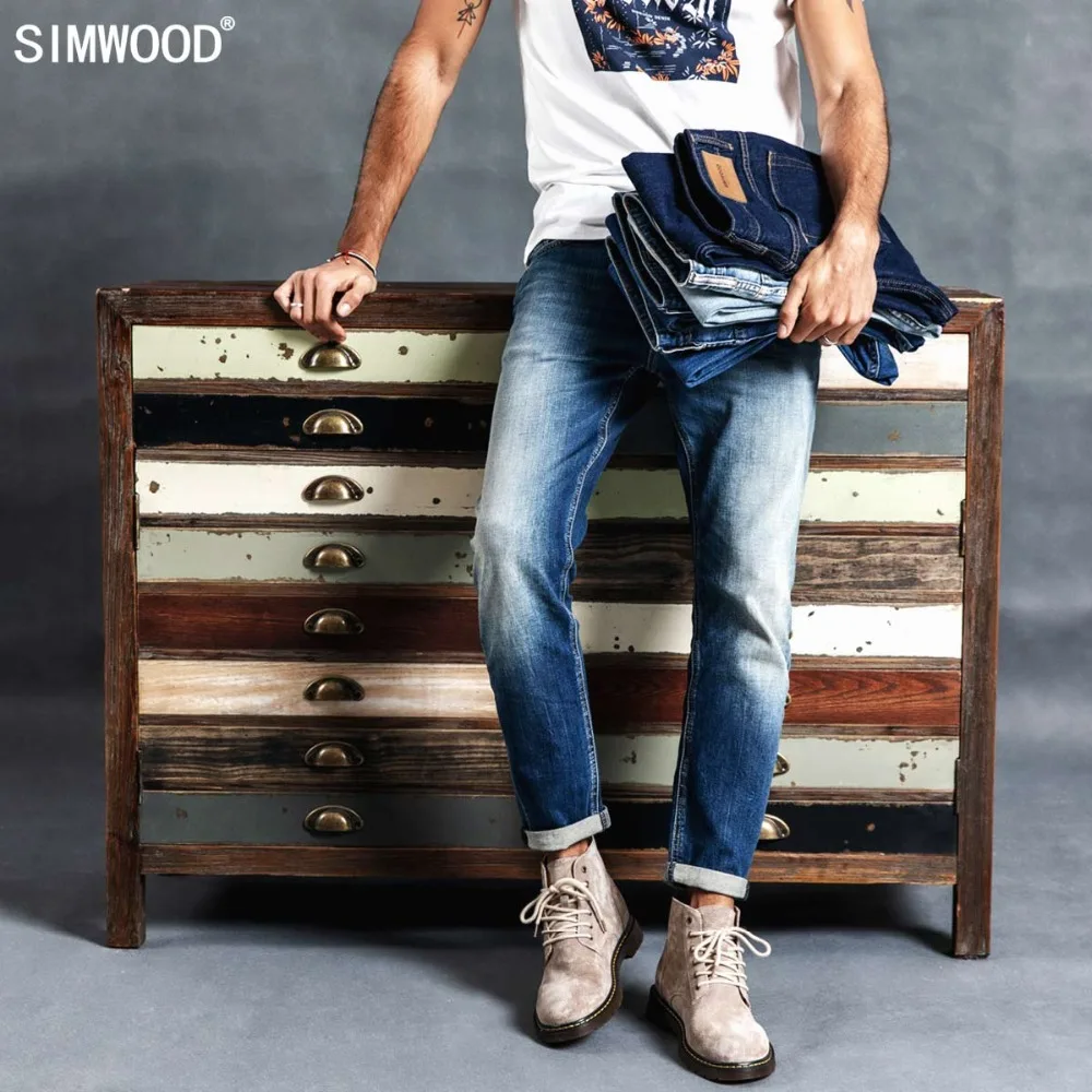 Beste SIMWOOD Gewassen Slim Fit Jeans Mannen Klassieke Vintage Hoge Kwaliteit 2019 herfst herfst Nieuwe Casual Streetwear Denim Broek 190026
