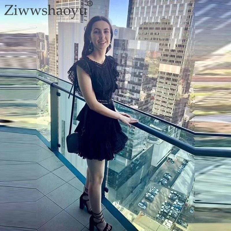 

Ziwwshaoyu Elegant Lace Patchwork Party dresses Square Colla Ruffles Sexy backless cotton cake dress Spring and summer new women