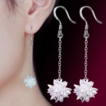 

Hot sell fashion white crystal ice flower female 925 sterling silver ladies`drop earrings shipping jewelry cheap gift birthday