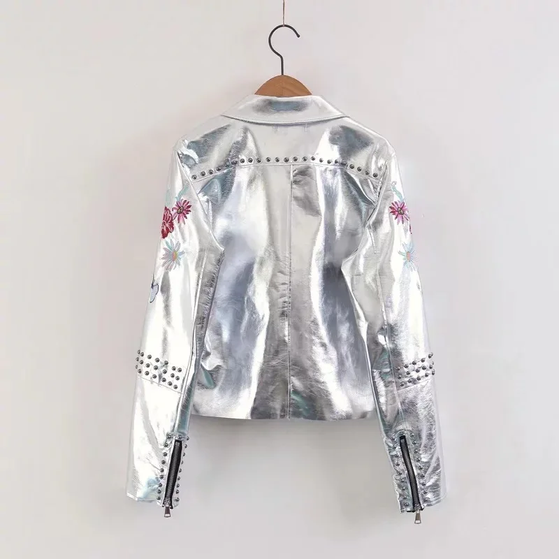 Veste En Biker Outwear Printemps Leather Jaqueta Doux Cuir Manteau De Rivet Pu 2017 Moto Bn1300 Femelle Broderie Silver Couro Base Nouveau Coat PZkiXu