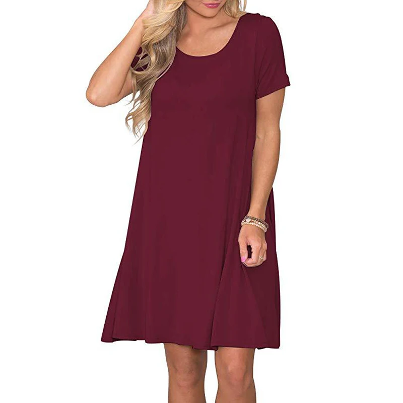 2019 Summer Fashion Women Dress Casual Solid O-Neck Loose Knee-Length Dresses Women Clothing