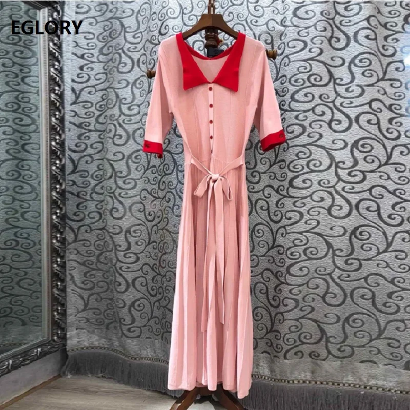 

2019 Spring Summer Autumn Casual Long Sweater Dress High Quality Women Turn-down Collar Tunic Buttons Mid-Calf Knitted Dress