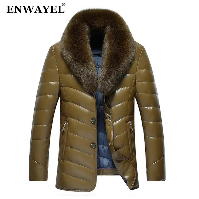 ENWAYEL Winter Luxury Down Jacket Men Leather Jacket Male Down Coat