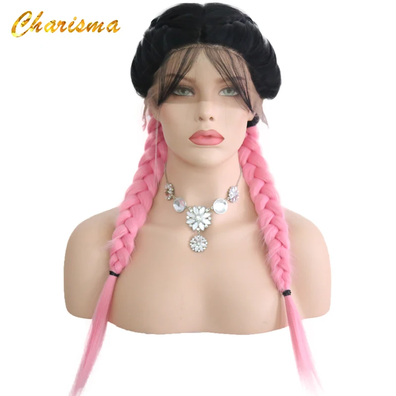 

Charisma Handmade Braids Synthetic Lace Front Wigs Ombre Pink Color 150% Density Braids Wigs Heat Resisitant For Black Women