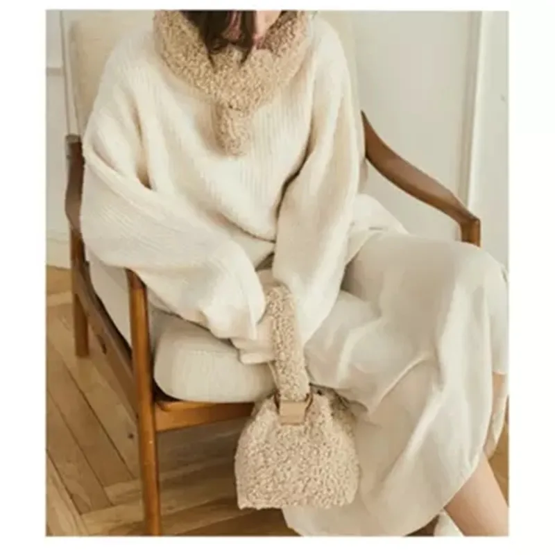 

Milk bear 2019 new wonen shoulder bag Lambs Wool Woollen Satchel Bag Crossbody Messenger Bag Evening Clutch Bags PU Leather Han