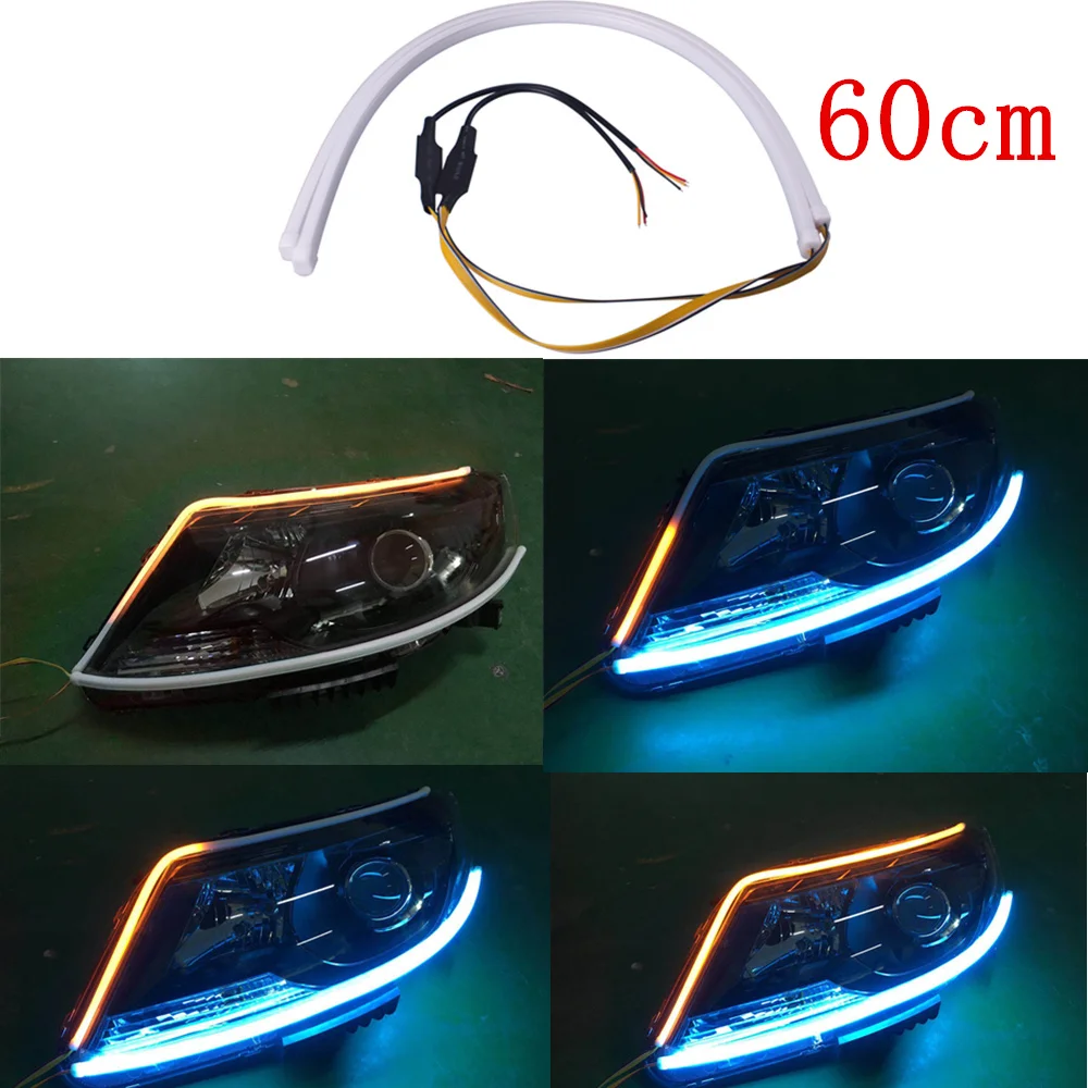 2X 60cm Ice Blue Flowing Yellow Light Running Light Universal Flexible Soft Tube Guide Car LED Strip
