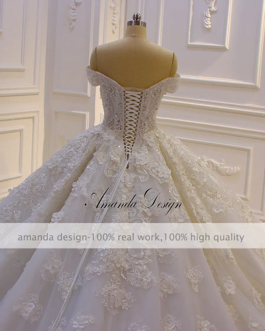 Robe mariage с открытыми плечами короткий рукав кружева аппликации 3D цветок роскошное свадебное платье