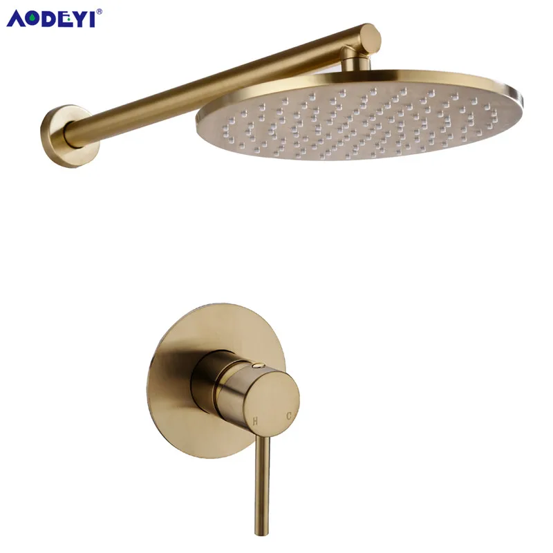Günstig Gebürstet Gold Solide Messing Bad Dusche Set Rianfall Dusche Kopf Dusche Wasserhahn Wand Montiert Dusche Arm Mixer Wasser Set
