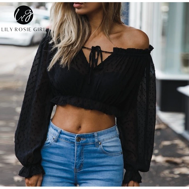 Lily Rosie Girl Off Shoulder White Women Blouse Shirt Solid Long Sleeve Short Blouse High Street See Through Club Sexy Crop Top Lily Rosie Girl Off Shoulder White Women Blouse Shirt Solid Long Sleeve Short Blouse High Street See Through Club Sexy Crop Top