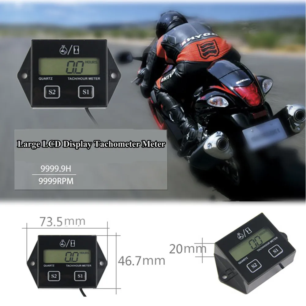 Motorcycle LCD Digital Tach Tachometer Hour Meter Gauge Engine Spark Inductive