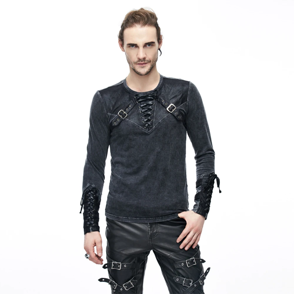 

Punk Men T Shirts Long Sleeve Cross Belt Casual Tee Shirts O Neck Lace-up Black Cotton T-shirts