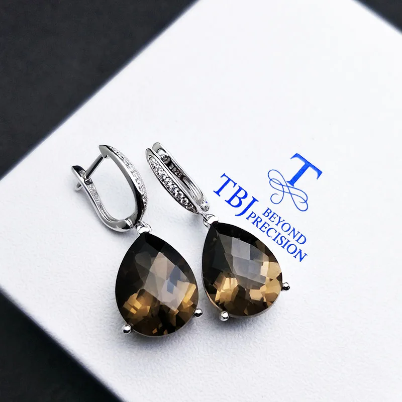 TBJ, натуральный дымчатый кварц, шахматная огранка, 15.5ct, настоящий драгоценный камень, висячие серьги с застежкой, серебро 925 пробы, хорошее ювелирное изделие для женщин - Цвет камня: Коричневый