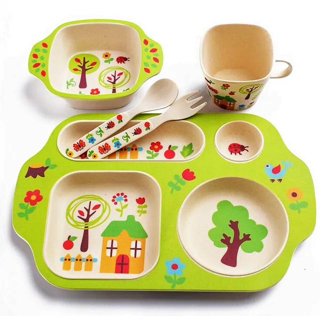 5pc/set bamboo fiber children/kids/baby cutlery sets 100 green dinner