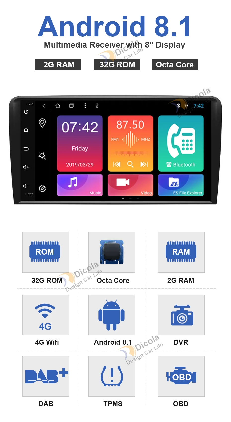 Top 8" Octa Core 2+32G Android 8.1 CAR GPS For Audi A3 SEAT Exeo dvd player radio stereo IPS screen multimedia auto navigation 3