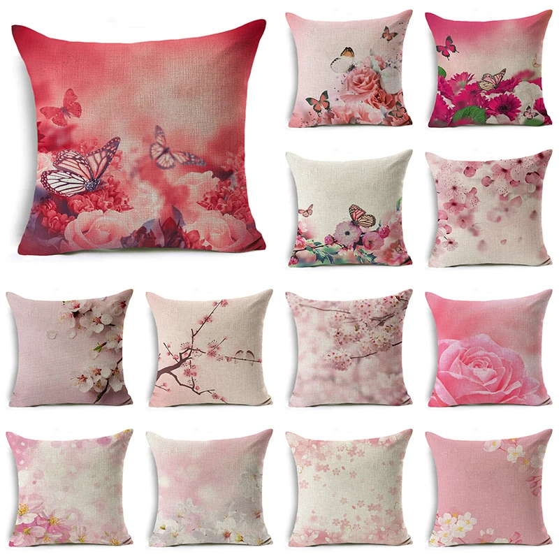 

WZH Spring Pink Flower Cushion Cover 45x45cm Linen Decorative Pillow Cover Sofa Bed Pillow Case