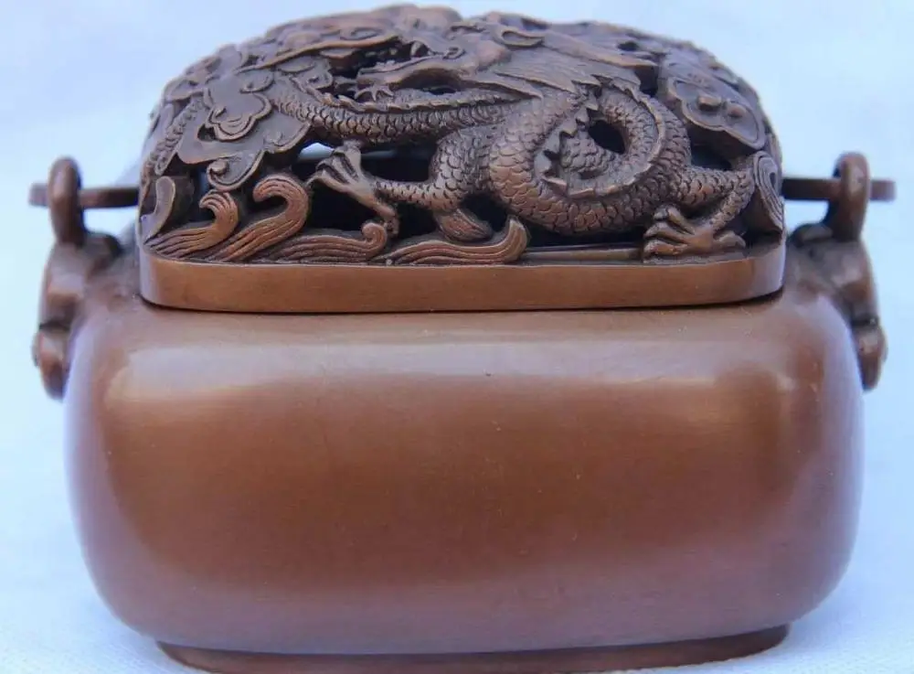 

Chinese Royal Palace Pure Red Copper Carved Two Dragon Incense Burner Censer