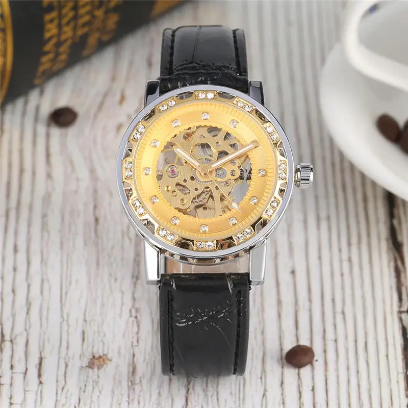 

Men Automati Mechanical Watch Self-Wind Fashion Diamond-encrusted Skeleton Watches Golden Luminous Hands Transparent zegarek