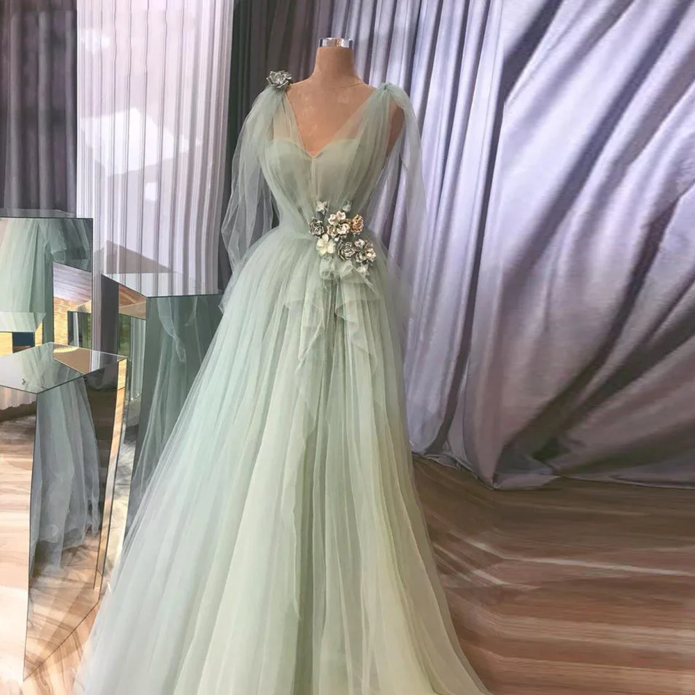 Fairy Mint Green Tulle 3D Flower Prom Dresses 2019 Elegant V-neck A-line Long Evening Gowns Plus Size Women Formal Party Dress139