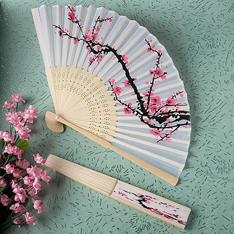 Elegant Plum Blossom Flower Print Folding Hand Fans Designer White Polyester Fans Summer Women Girl Dancing Fan