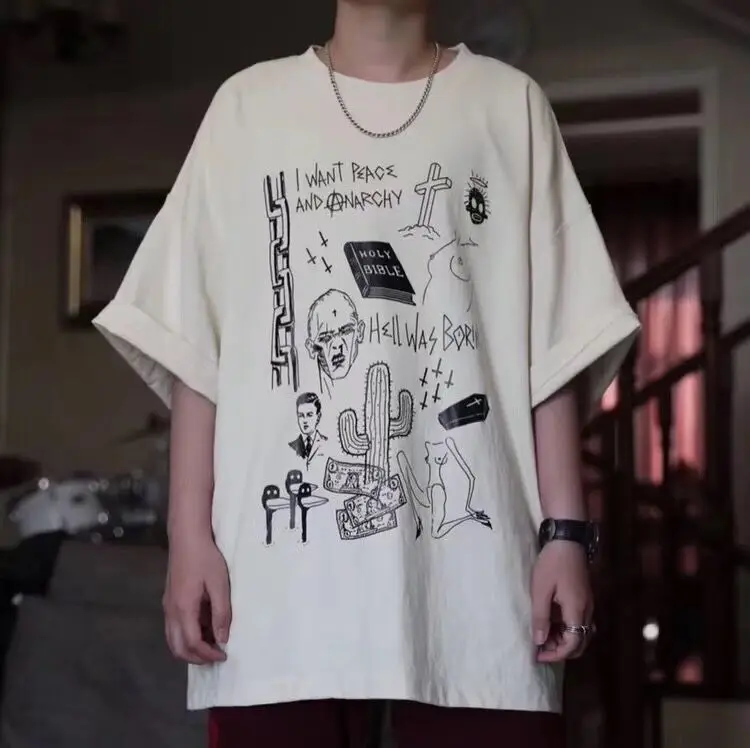 

Arnodefrance T shirt Men Women Loose Vintage Graffiti HELL WAS BORING Top Tees Streetwear Hip Hop Arnodefrance T Shirts