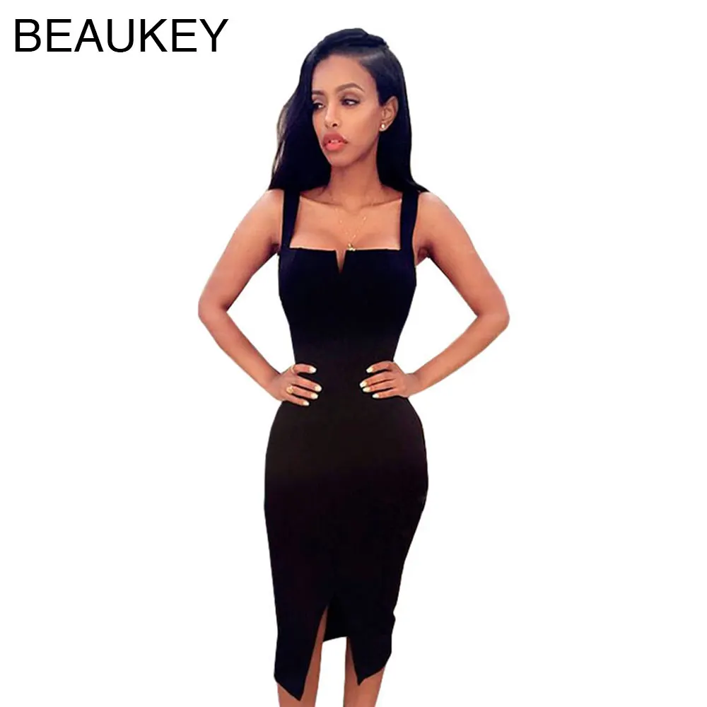 

Black White Open Fork Small V Neck Knee Length Spaghetti Strap Bodycon New Arrival 2015 Bandage Dress