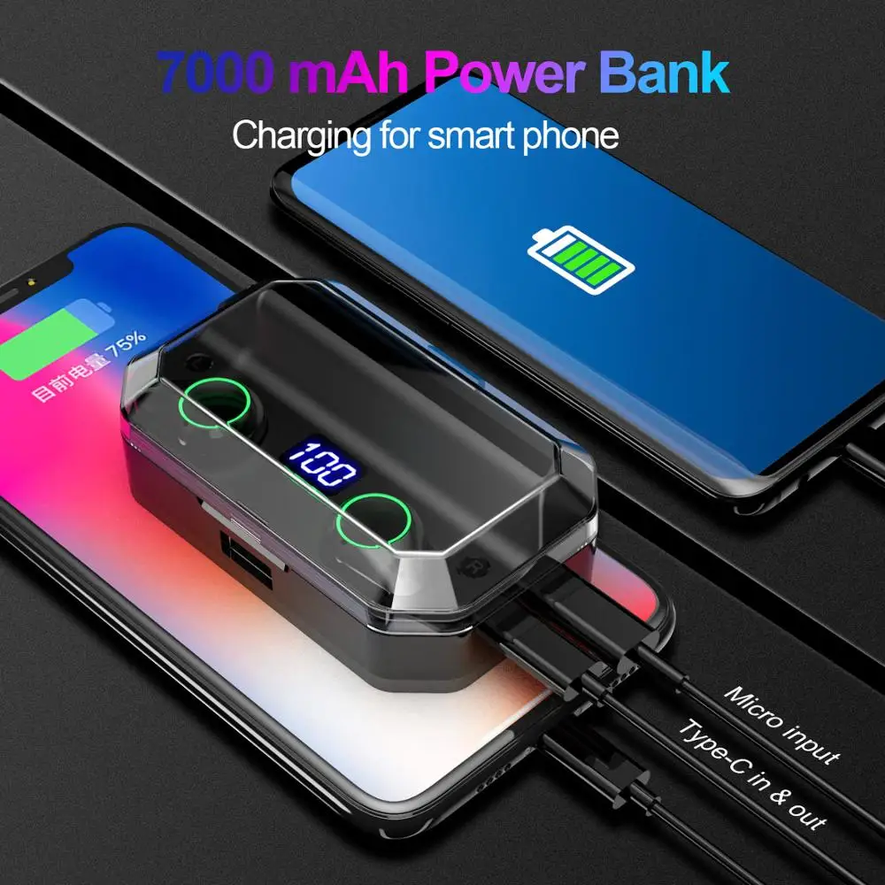 TWS наушники T9 с поддержкой Bluetooth 5 0 и влагозащитой IPX7 7000 мА · ч|Наушники гарнитуры| |