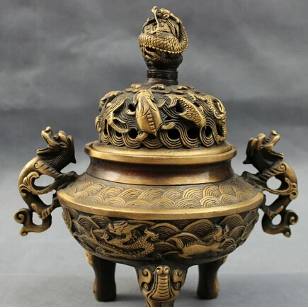 

0 8" Tibet Bronze Buddhism Wealth Dragon Fish Head Statue Incense Burner Censer