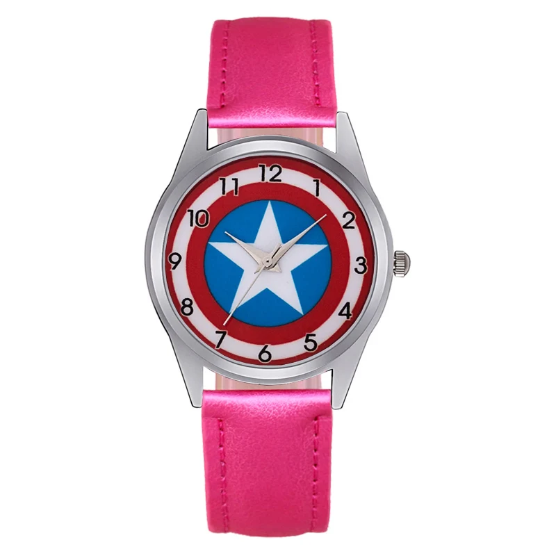 Мультфильм Капитан Америка стиль детские часы дети студент мальчики девочки кварцевые Кожаный ремешок наручные часы Jc18