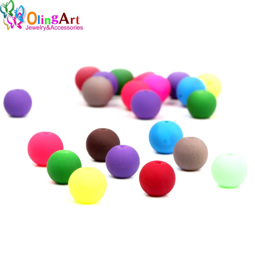 OlingArt Rubber Glass Beads High quality 12PCS 14mm Candy Color Neon Matte Loose Beads Handmade jewelry making bracelet DIY