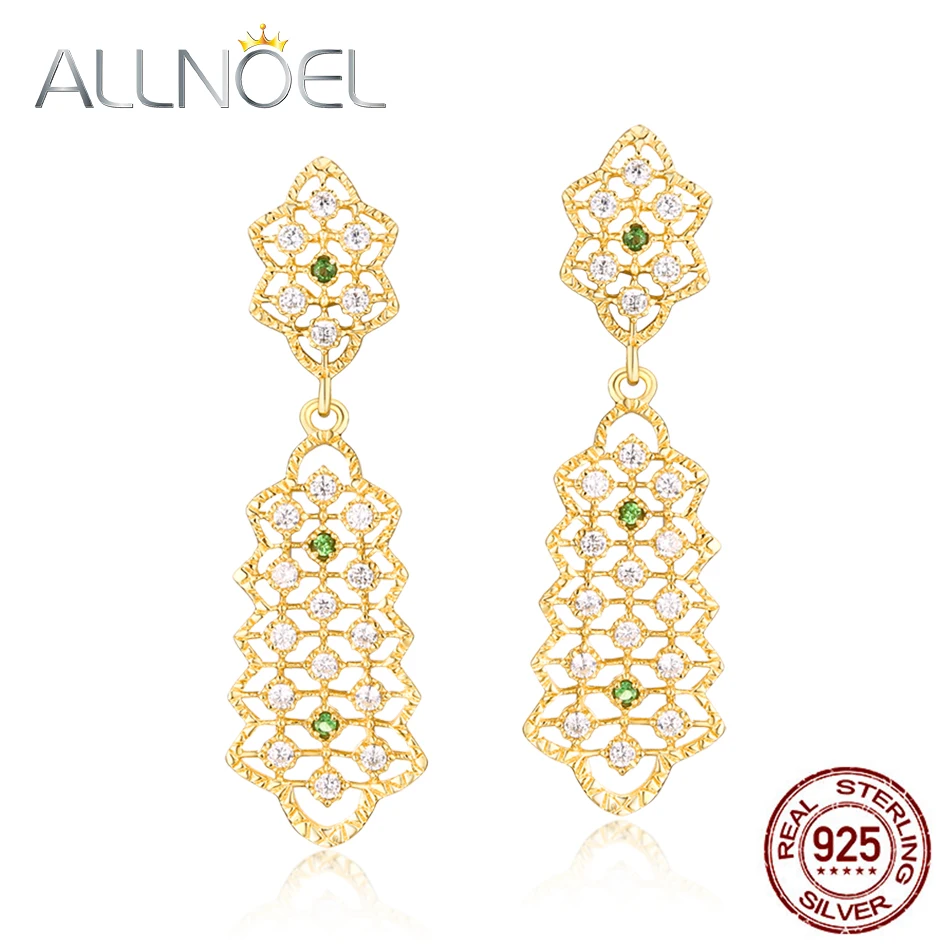 

ALLNOEL 100% Natural Tsavorite Earrings For Women 925 sterling silver jewelry S925 Vintage Retro Hollow Lace Drop Earrings Gift