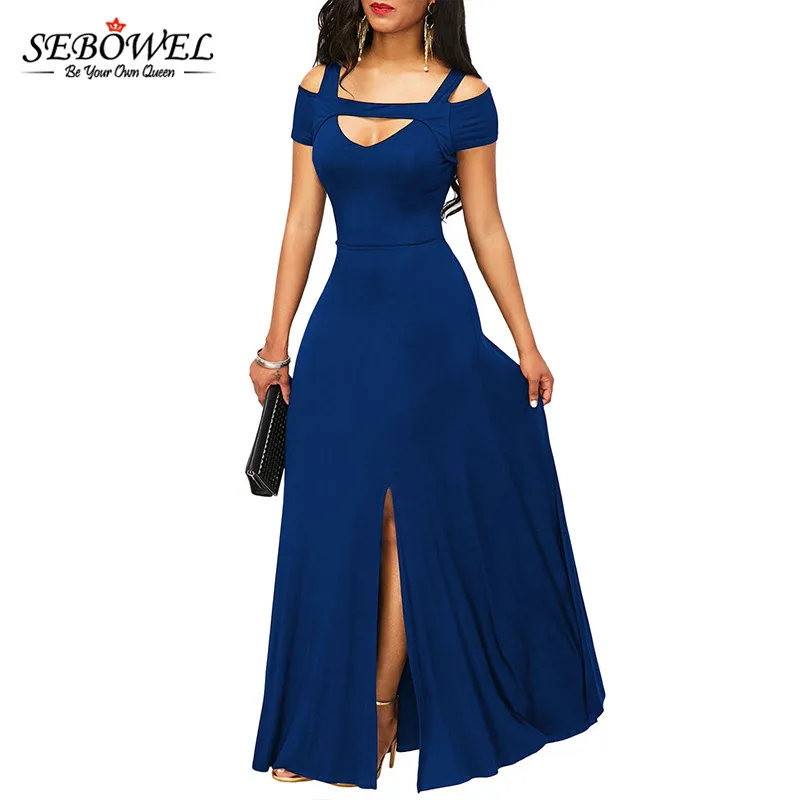 SEBOWEL 2017 Autumn Womens font b Dresses b font Royal Blue Cold Shoulder Front Slit Flare