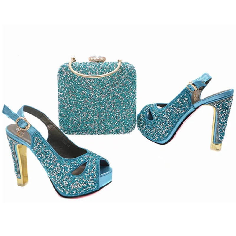 

New Sky Blue Color Matching Italian Shoe and Bag Set Decoratd with Rhinestone African Matching Shoes and Bags Italian In Women