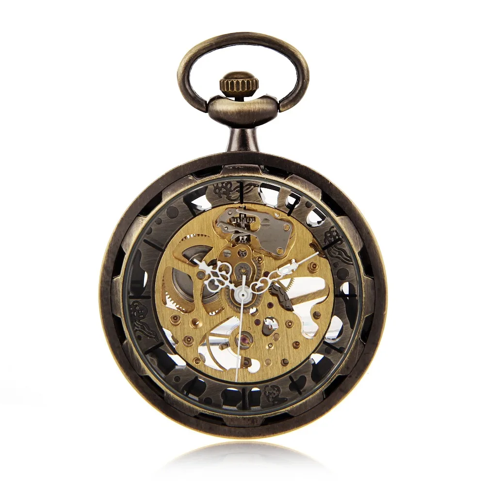 

Open Face Bronze Tone Skeleton Steampunk Hand Wind Mens Pocket Watch W/Chain Luxury Timepiece Reloj De Bolsillo