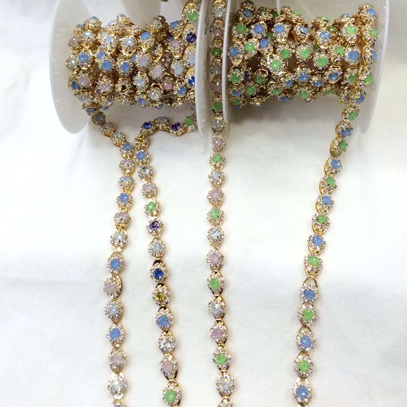 

5yards Beautiful Opal Stone Rhinestone Trimming Applique Glass Rhinestone Cup Chain Decoration for Bridal Dress appliques