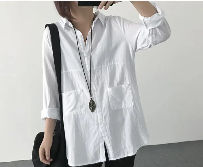 

Spring loose was thin pregnant women solid color pocket long sleeve cotton linen shirt