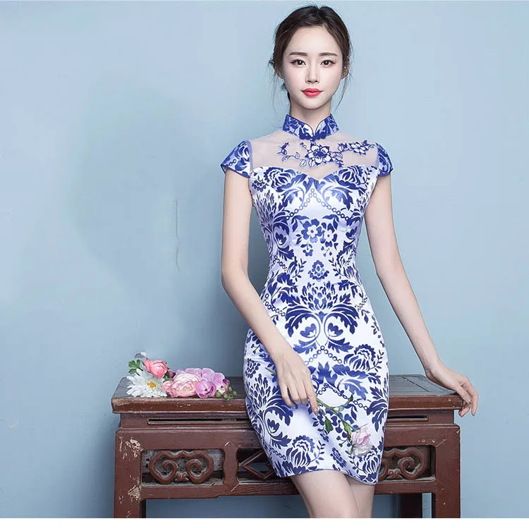 Синий и белый фарфор Мини Qipao Платья для женщин короткие современные китайское традиционное платье Cheongsam платье с цветочным рисунком chinoise