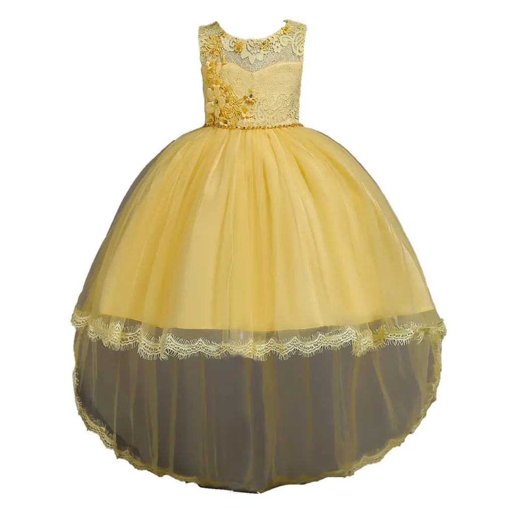 Желтое платье для девочек, кружевные Детские газовые платья-баллон, наряды для дня рождения, платья, праздничная официальная одежда
