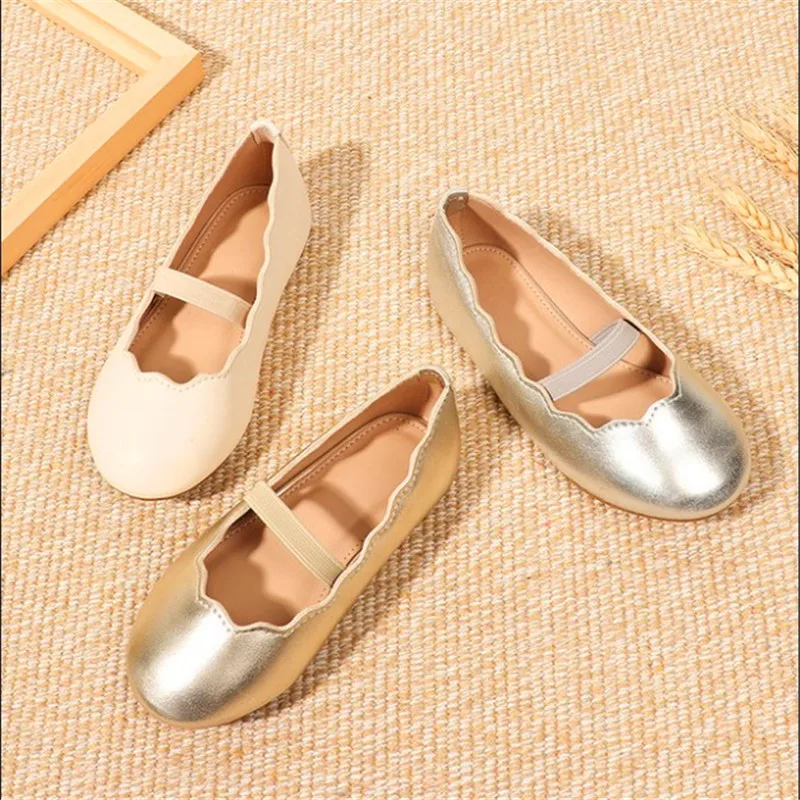 Fashion Baby Girls Leather Shoes Wavy Lace Golden Silver Kids Ballet Flat Shoes for Wedding Party Princess Dress Shoes for Girls