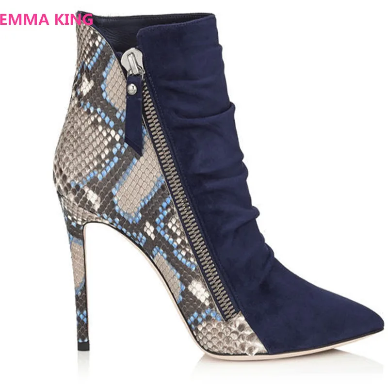

Spring Autumn Pointed Toe Stilettos Ankle Boots Women Pleated Design Zipper Short Boots Snake Prints Patchwork High Heel Booties